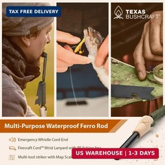 Texas Bushcraft Fire Starter – 3/8″ Thick Ferro Rod with Striker and Paracord