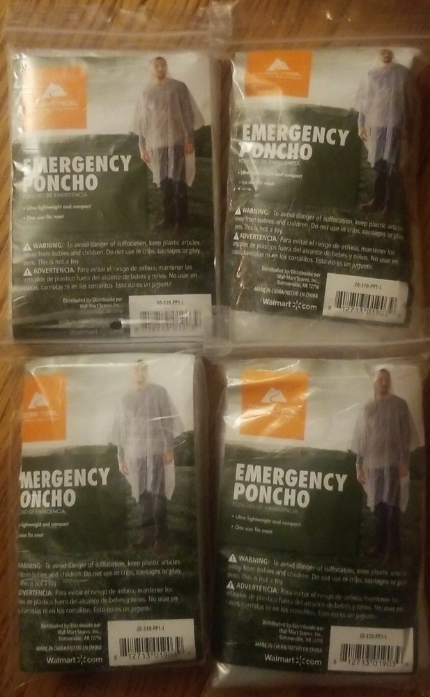 4 PACK Ozark Trail Clear Emergency Rain Poncho – Fits in Pocket ~ Camping Supply