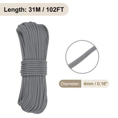 550 Paracord Rope 102ft, 4mm Thin Paracord Nylon Survival Cord Grey