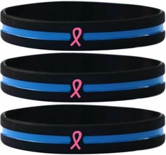 Pink Ribbon Wristbands with The Thin Blue Line – Wholesale Lot of Bracelet Bands