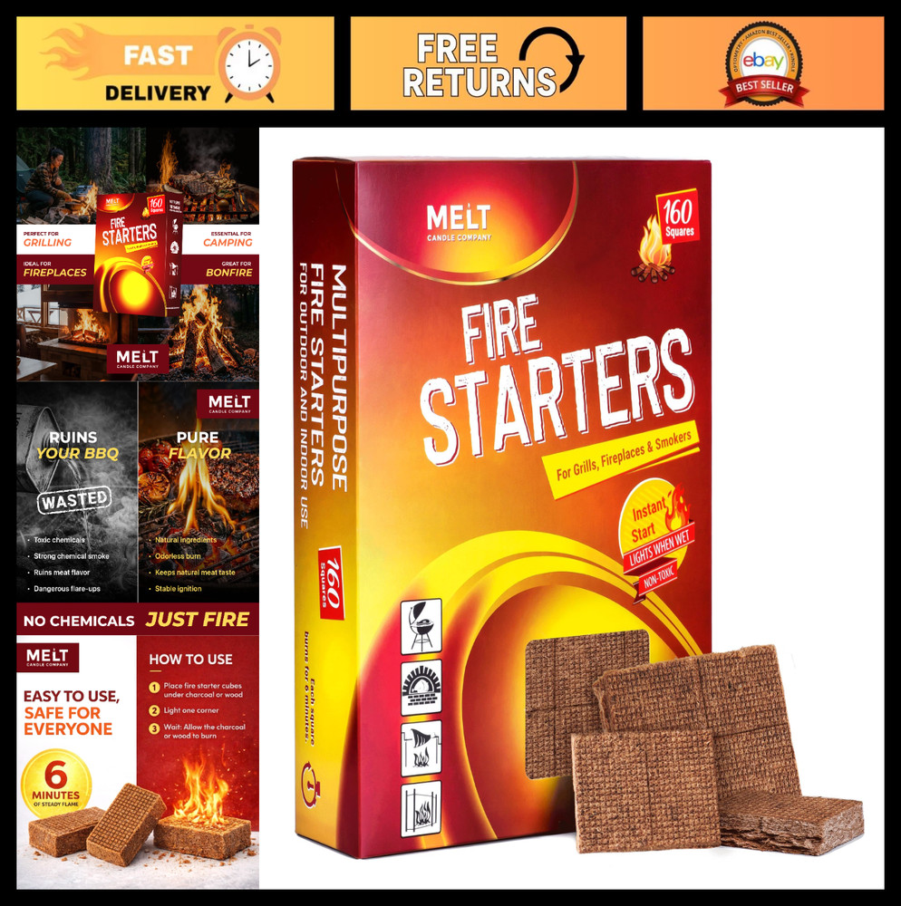 160 Fire Starter Squares – Charcoal Starters for Campfires, BBQ, Fireplace, Outd
