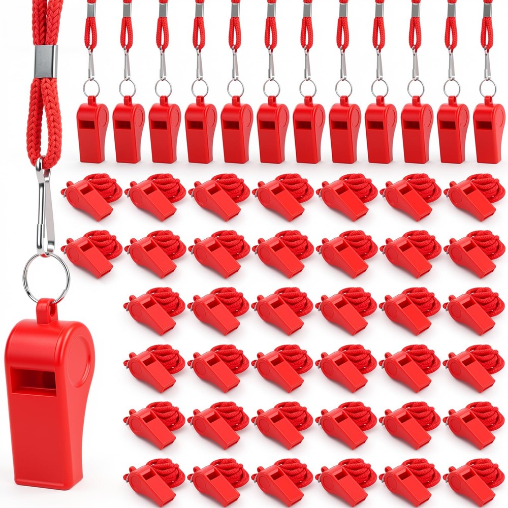 MAQUITA 60 Pcs Whistles Bulk with Lanyard Sports Loud Crisp Sound Red, Red