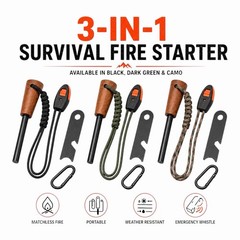 3-in-1 Survival Fire Starter Kit Ferro Rod Whistle Multipurpose Camping Tool