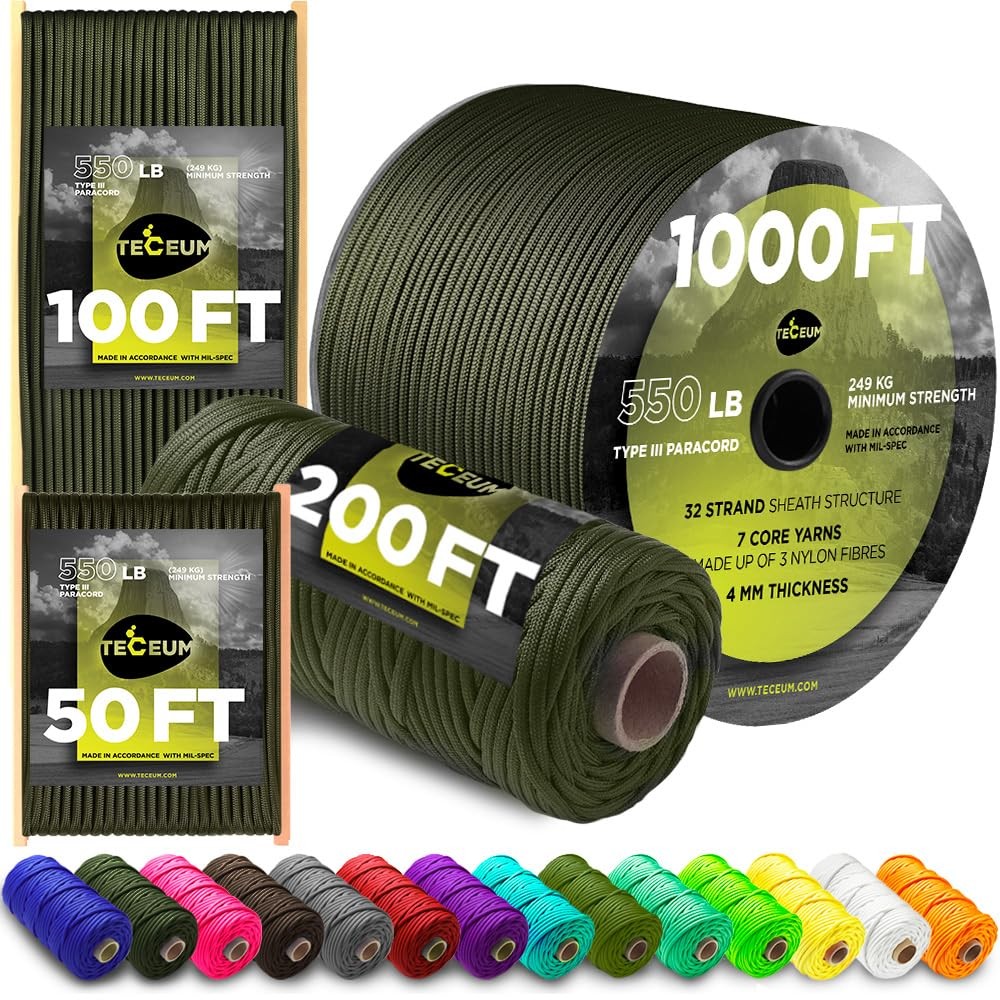 Teceum Paracord Type Iii 550 Army Green 100 Ft 4Mm Tactical Rope Mil-Spec