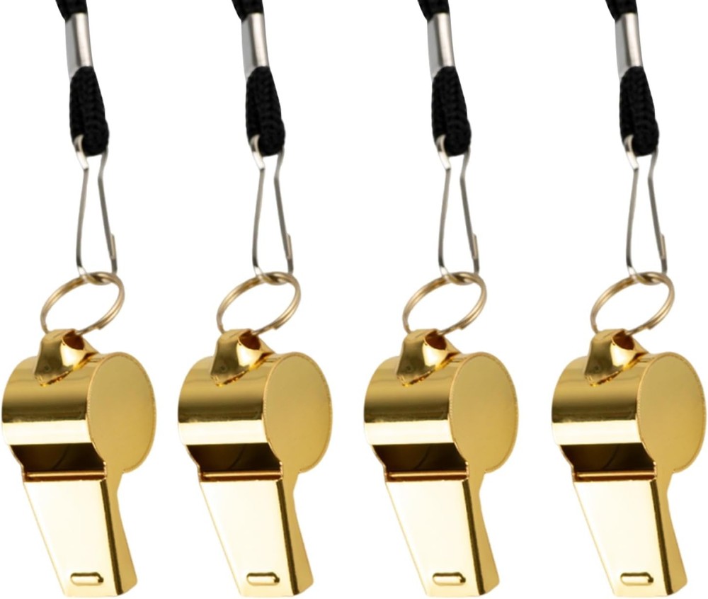 4-Pack Gold Stainless Steel Whistles with Lanyards – Super Loud Premium Metal Sp