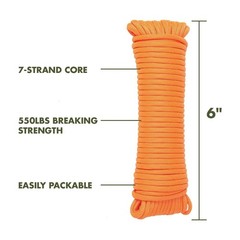 Orange 550lbs Tensile Strength 50 Foot 5mm Diameter 100% Polyester Paracord Rope