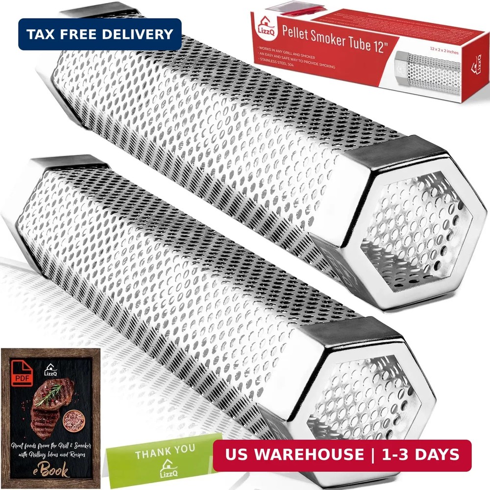 LIZZQ Premium Pellet Smoker Tube 12″ (Set of 2) – 5 Hours of Billowing Smoke, Ho