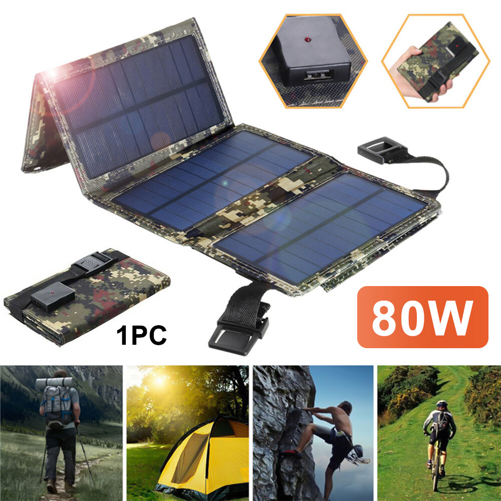 Folding 80W USB Solar Panel Power Bank Outdoor Camping Hiking Phone Charger US