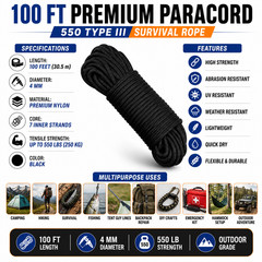 550LB Type III Paracord Rope 100FT 7 Strand Survival Camping Hiking Utility Cord