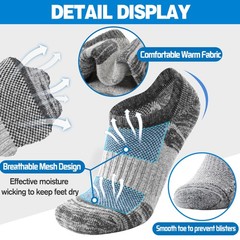 Merino Wool Hiking No Show Running Socks Thick Warm Low Medium, Grey Mixed