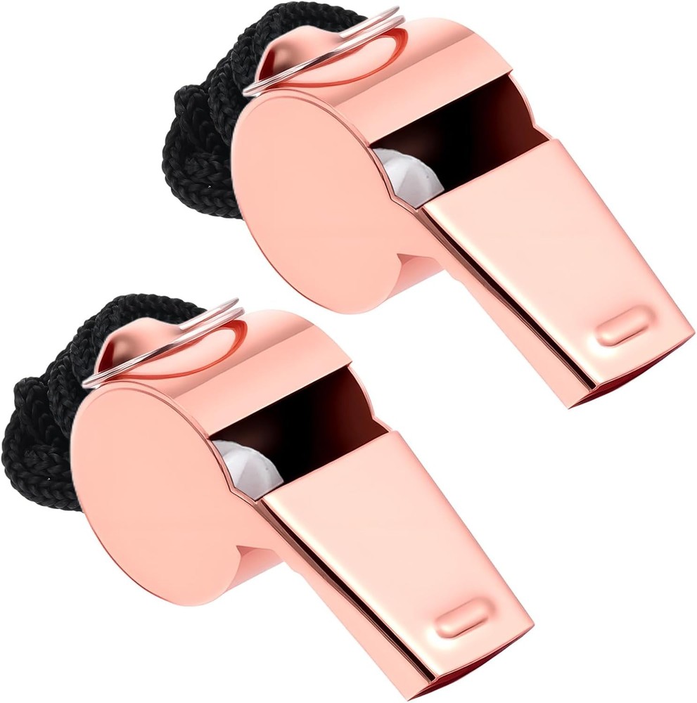 2 Pack Stainless Steel Rose Gold Whistle with Lanyard, Loud Crisp Sound Referee