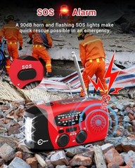 Emergency Hand Crank Radio 7400mWh with 3 LED Flashlights, AM/FM/NOAA Red