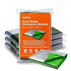 Ruten 4-Pack Extra Large Emergency Thermal Blankets – 63″x82.7″ Green/Silver Myl