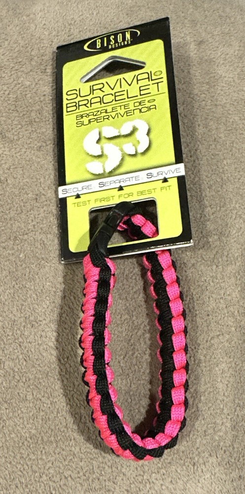 Bison Design S3 Paracord Survival Bracelet *8-12ft Hand Braided *Pink/Black *NEW