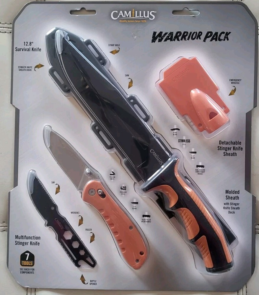Camillus Warrior Pack 12.8 Survival Knife, Stinger Knife, Folding Knife, Whistle