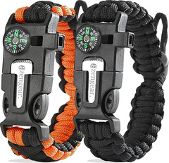 Paracord Survival Bracelet (2 Pack) | Flint Steel Fire Starter, Whistle, Compass