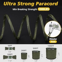 Reflective 1000lb Paracord Rope 4mm – Army Green, 50/100/200/500/1000ft