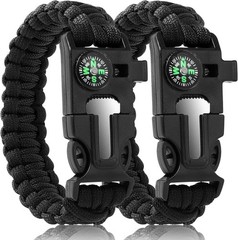 2x Black Paracord Bracelet Compass Fire Starter Emergency Knife Whistle Survival