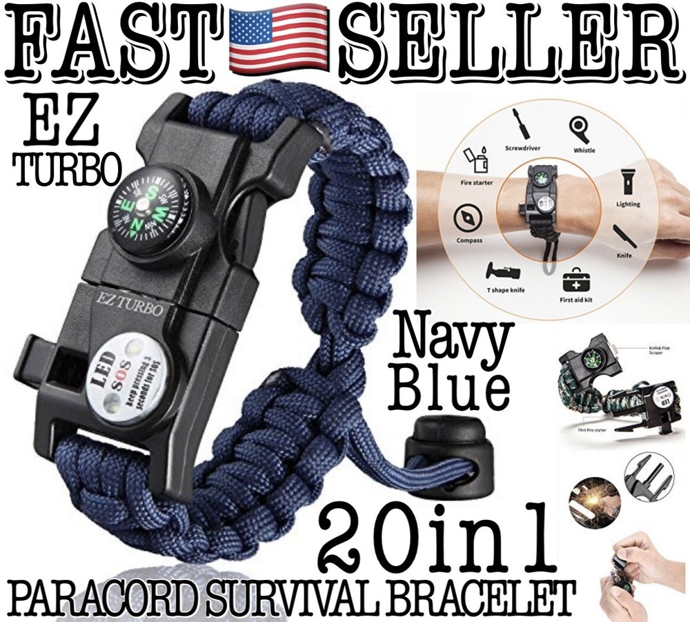 Paracord Survival Bracelet 20in1 Gear Kit Multi-Tool SOS Fire Starter..Navy Blue