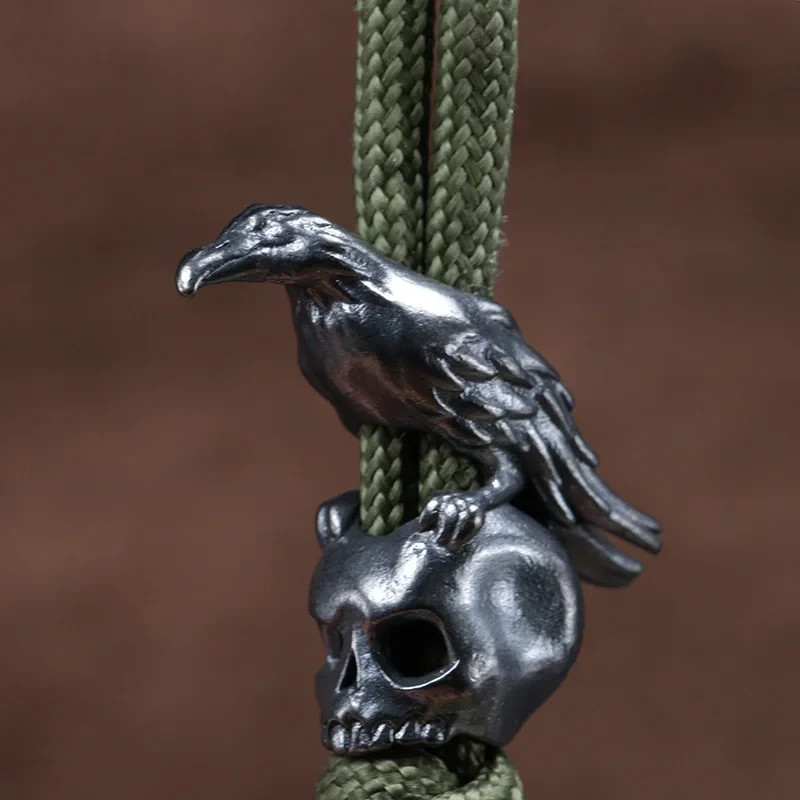 Raven Skull Brass Knife Bead Crow EDC DIY Paracord Woven Bracelet Lanyard Black