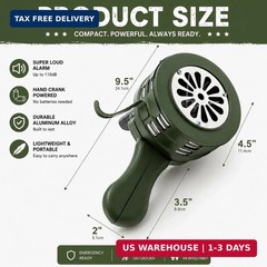 Hand Crank Siren Horn, Emergency Warning, 110 DB, Portable, Green | Loud Emergen