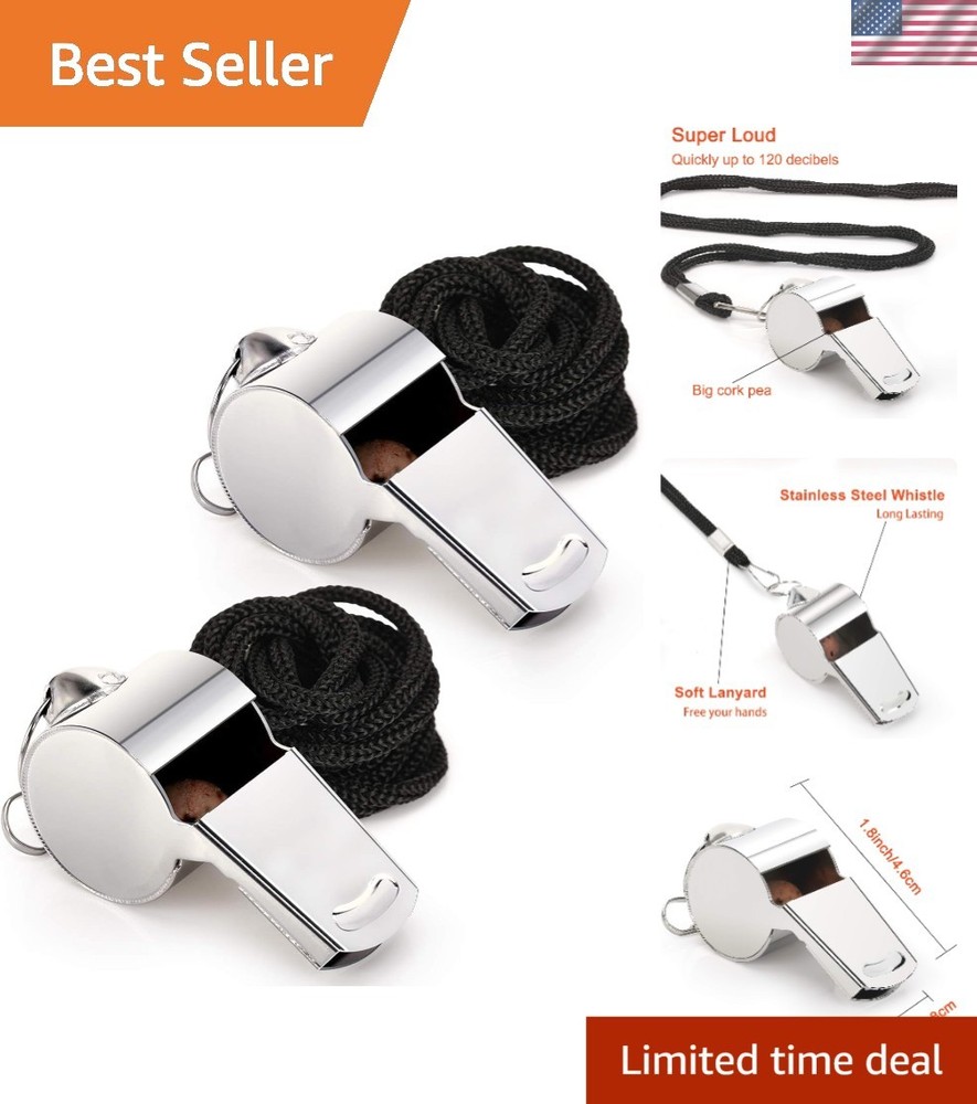High-Quality Sports & Emergency Whistles with Braided Lanyard – 2 Pack Silver A