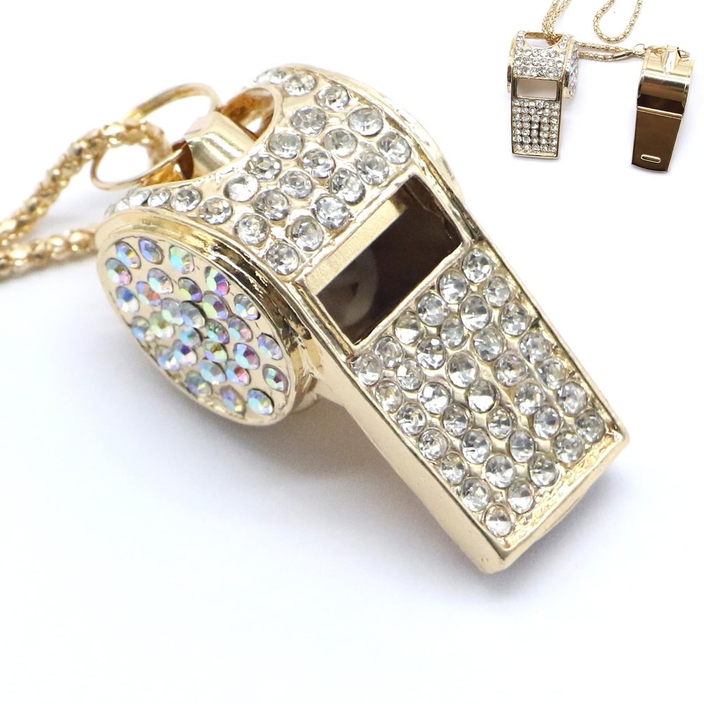 Whistle, Bling Whistle, Metal Crystal Rhinestone Whistle with Keychain,Gold