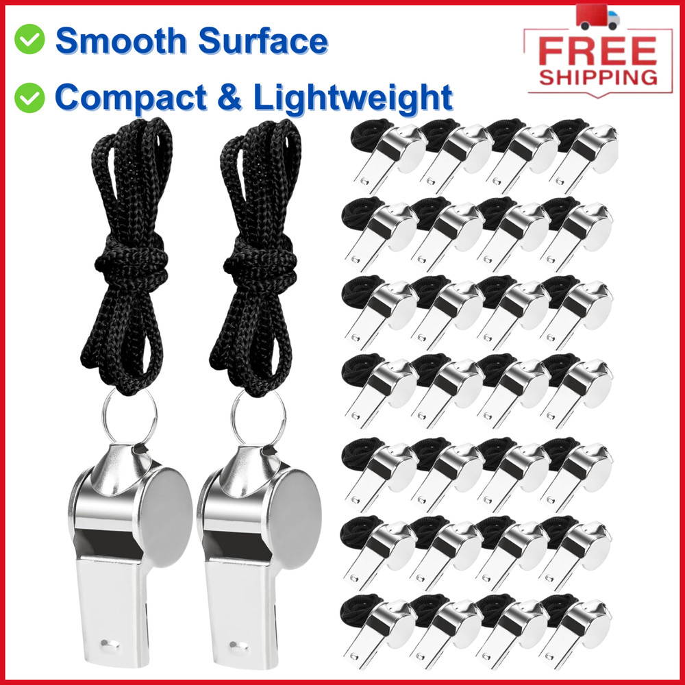 100 Pcs Stainless Steel Whistle W Lanyard, Sports Whistles for Adults, Metal
