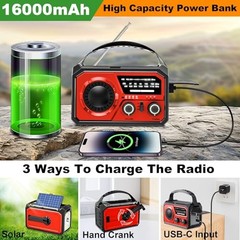 16000mAh Hand Crank Emergency Weather Radio with Wireless Speaker, 59200mWh Red
