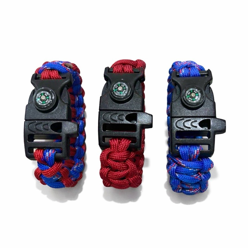 3 pk Handmade Paracord Bracelet w/Survival Whistle And Compass 10 Ft Of Paracord