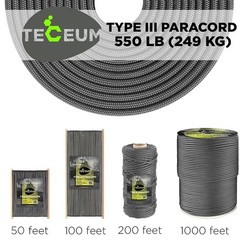Teceum Paracord Type Iii 550 Dark Grey 100 Ft 4Mm Tactical Rope Mil-Spec
