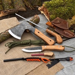 6pc All in One Camping Gear Set 9.84» Axe 9» Bushcraft Knife Saw Ferro Rod