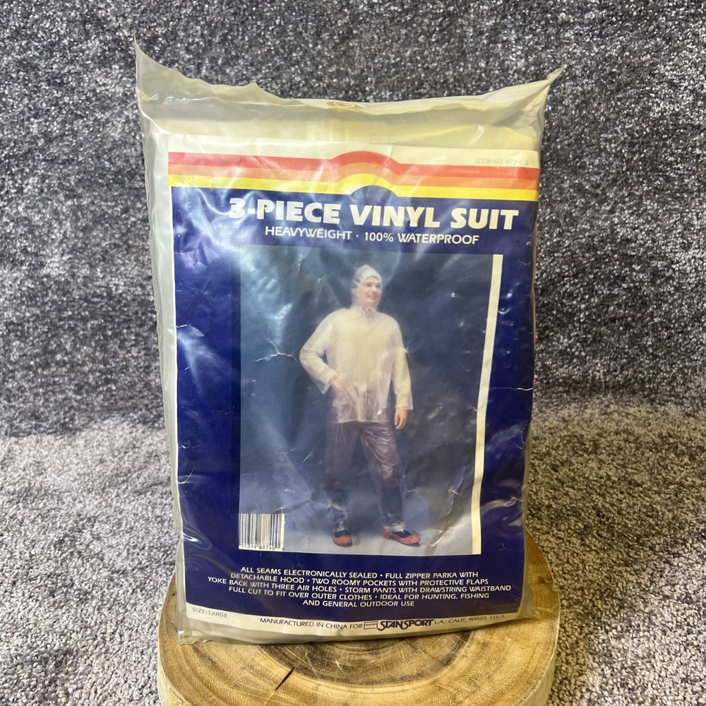 Vintage 80s Deadstock 3-Piece Vinyl Suit w Hood- Retro Rain Poncho Size Large