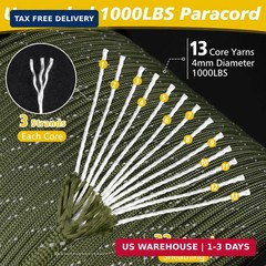 Reflective Paracord 1000lb 13 Strand 4mm Parachute Rope Spool Heavy Duty Black