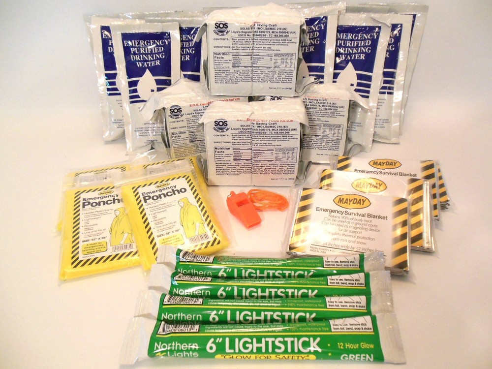 EMERGENCY SURVIVAL FOOD BARS WATER AND GEAR FOR BOAT DITCH BAG 5 YR SHELF LIFE