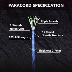 Paracord 325lb Diameter 2.7mm – 5 Strand Parachute Spool Cord – 100 ft Black