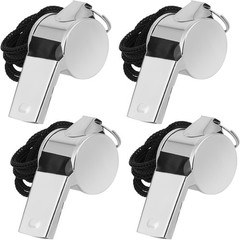 4 Pack Stainless Steel Sports Whistles with Lanyards for Coaches