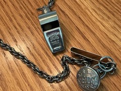 Vintage Sportcraft Metal Whistle Chromed Brass and Fire Department Button Japan