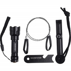 HUMVEE Brand Outdoor Survival Kit LED light whistle wire saw fire starter + more