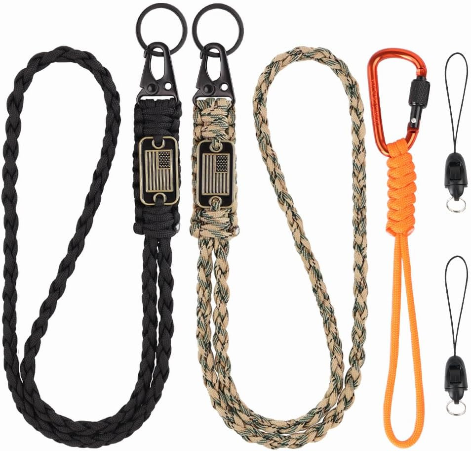 3 Pack Braided Paracord Lanyard with USA Flag, Carabiner Rope Keychain, Necklace