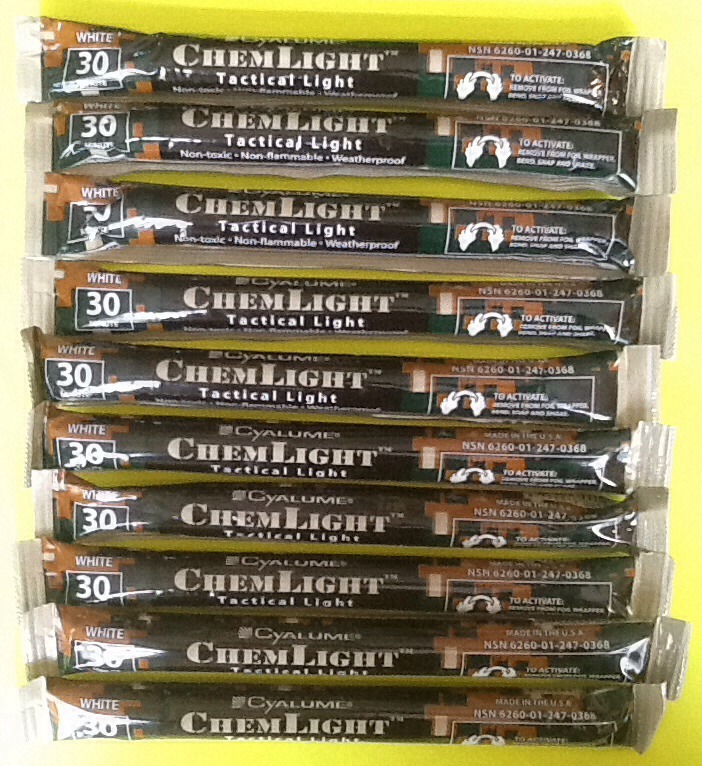 Lot of 10 White Cyalume Tactical Light Sticks Emergency Survival Prepper Hunting