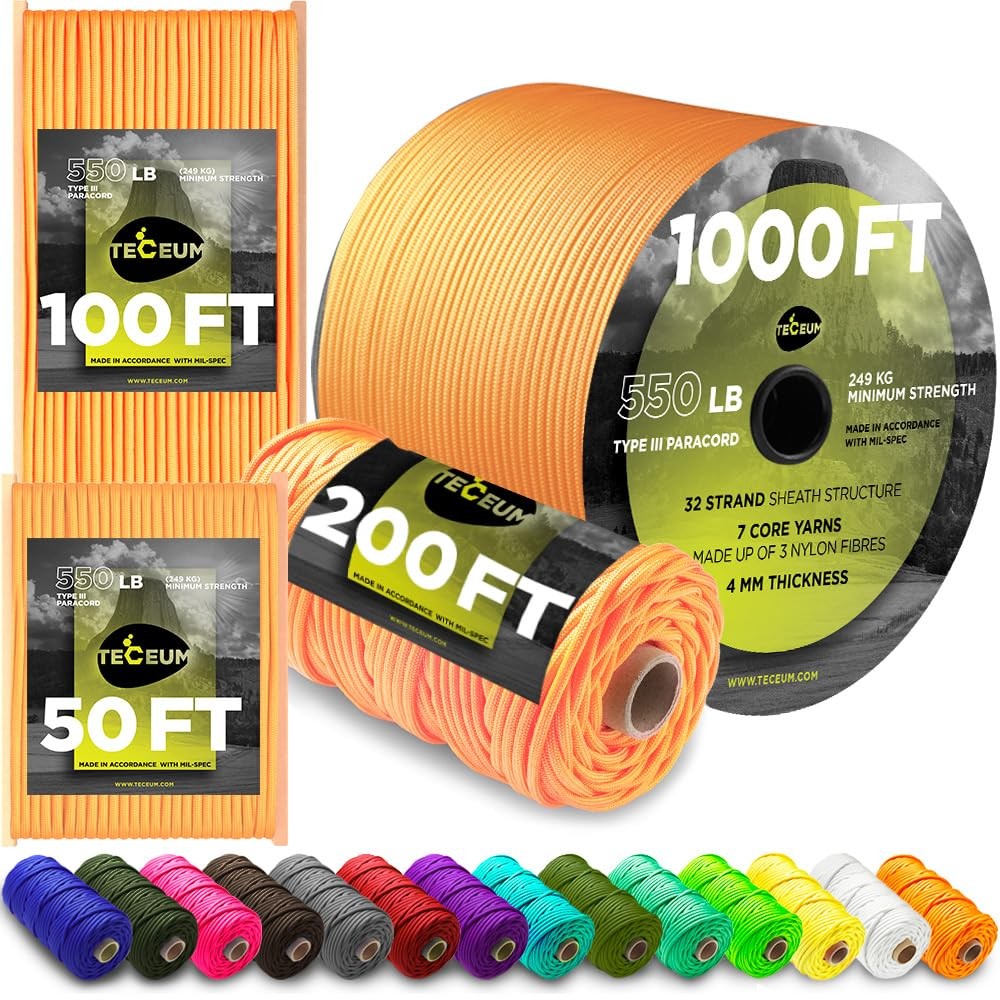 Teceum Paracord Type Iii 550 Apricot 100 Ft 4Mm Tactical Rope Mil-Spec Outdoor