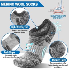 Merino Wool Hiking No Show Running Socks Thick Warm Low Medium, Grey Mixed