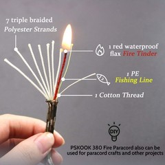 Survival Paracord Rope PSKOOK 100 Feet Fire Starter 100 Feet, Black-100ft