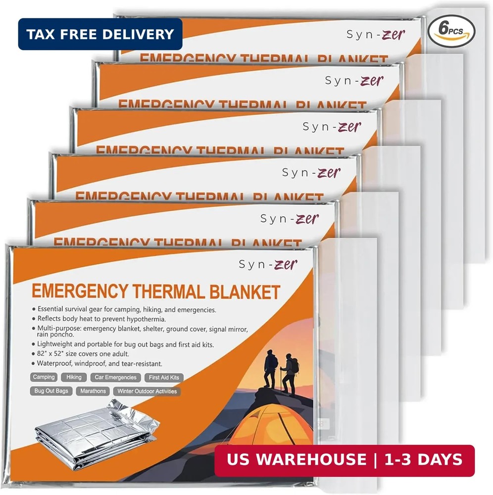 6 Pack Thermal Mylar Emergency Blankets 82×52 Camping Hiking First Aid Car Gear