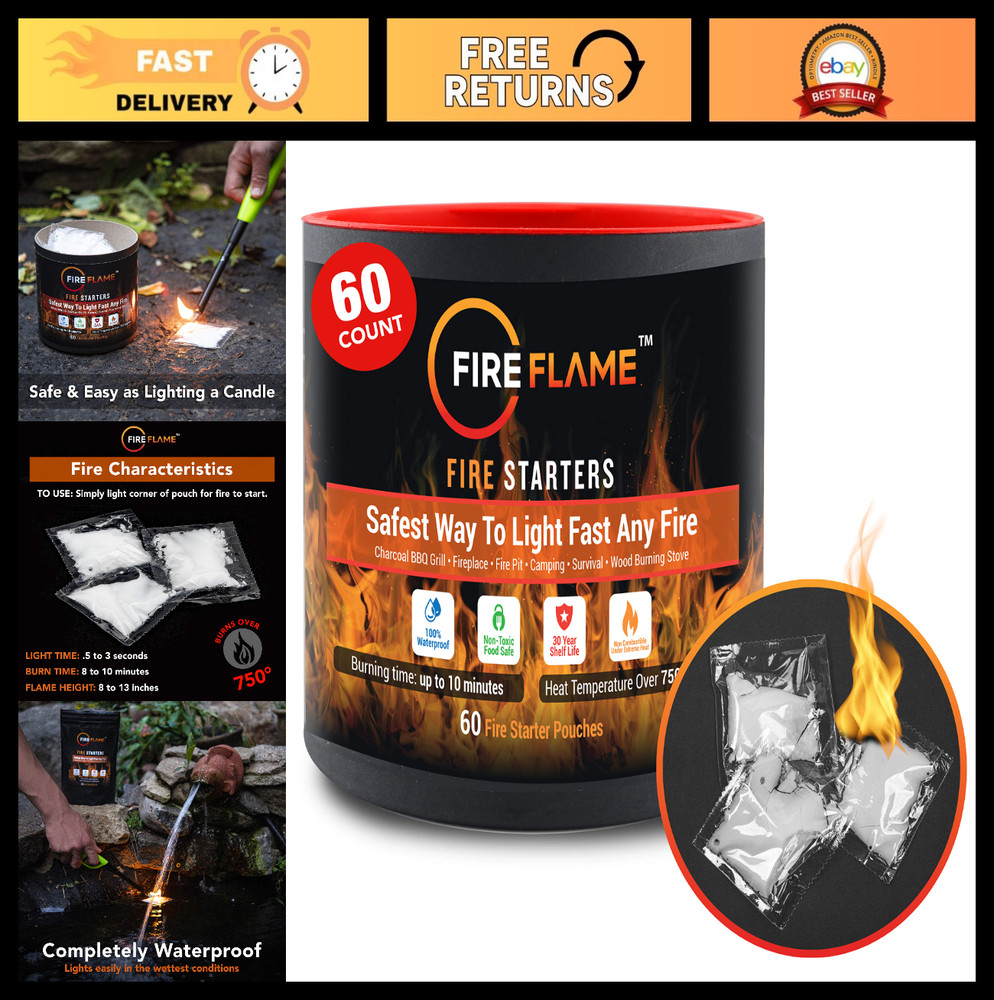 Instant Fire Starter – 100% Waterproof, Odorless & Non-Toxic – 60 Pouches for BB