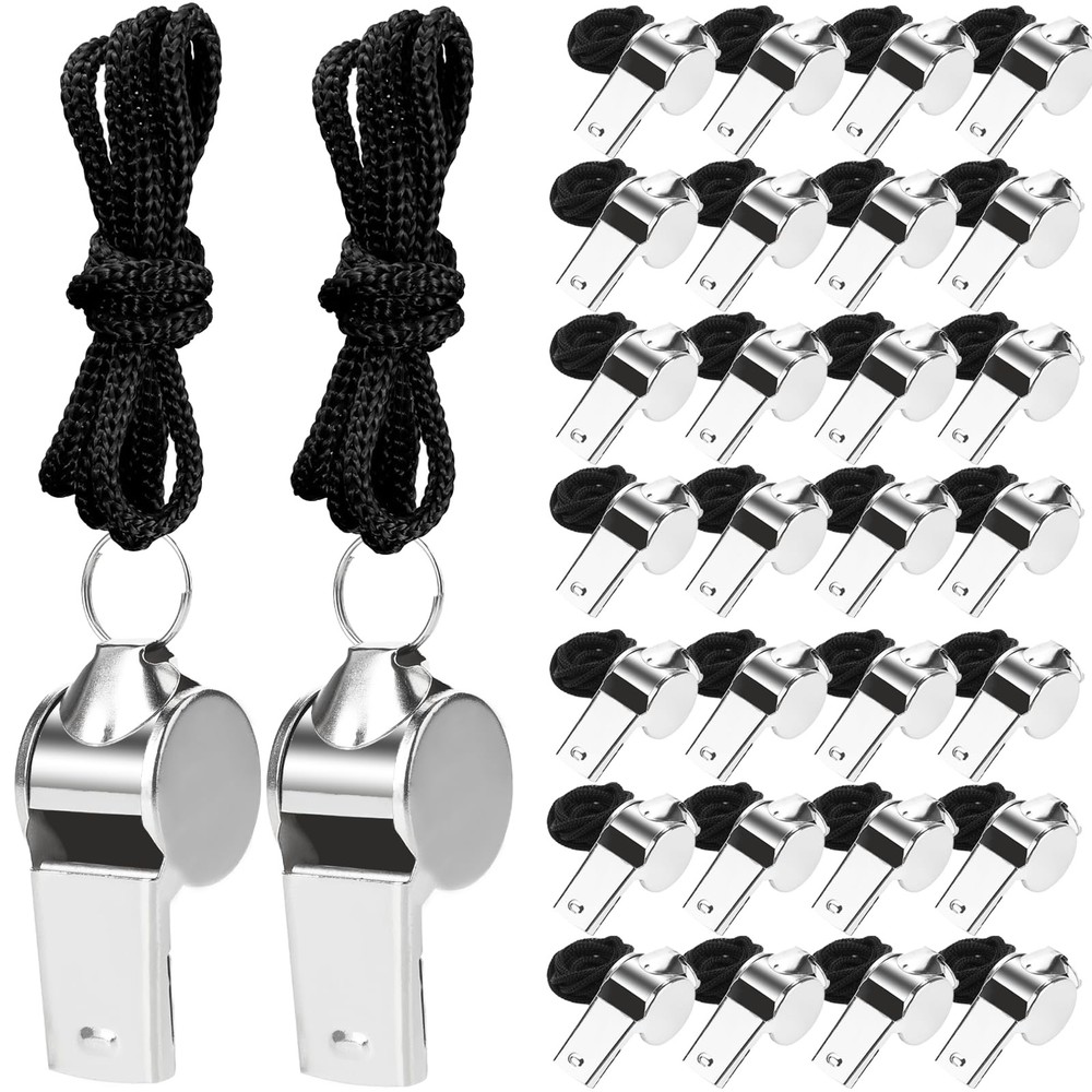 Whistle Bulk 100 Pcs Stainless Steel Loud Metal Professional Black Lanyard