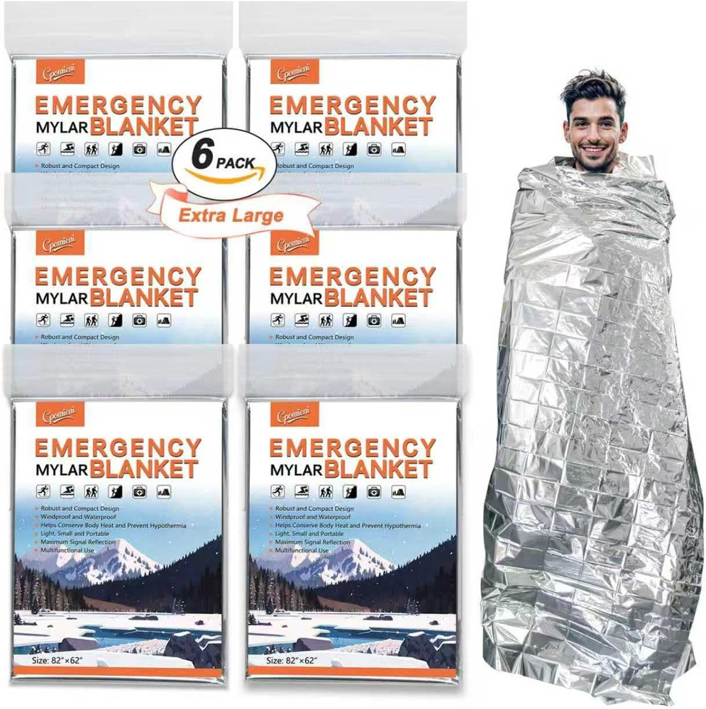 6 Pack – Large 82” X 62” Survival Emergency Mylar Thermal Blankets, Thermal Surv