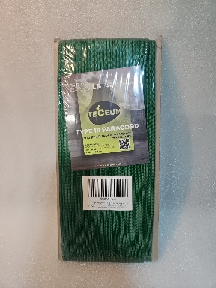 Paracord Teceum 5/32″ Type III 550 Green 100ft 4mm MIL-SPEC Tactical Survival