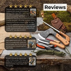 6pc All in One Camping Gear Set 9.84» Axe 9» Bushcraft Knife Saw Ferro Rod